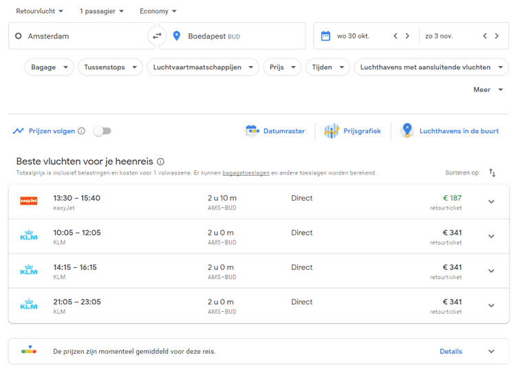 Google Flights weergave van zoekresultaten