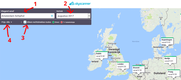 Vliegtickets zoeken op de kaart.