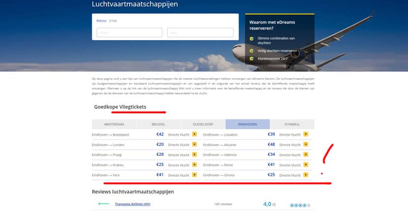 eDreams overzicht met goedkope vluchten